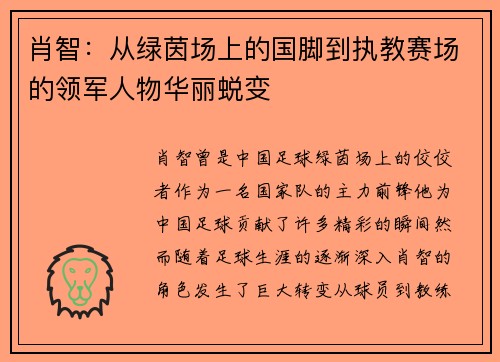 肖智:从绿茵场上的国脚到执教赛场的领军人物华丽蜕变 肖智:从绿茵场上的国脚到执教赛场的领军人物华丽蜕变