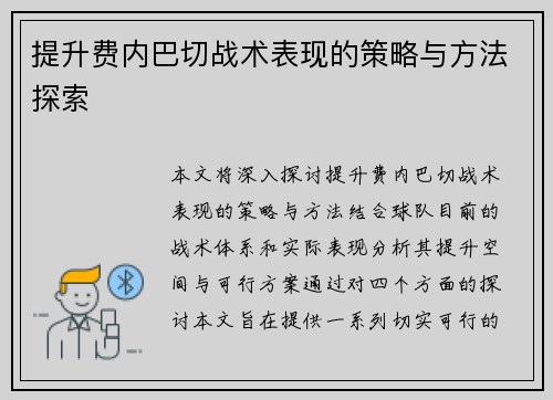 提升费内巴切战术表现的策略与方法探索